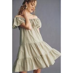 New Anthropologie Erika Pena Off-The-Shoulder Tiered Mini Dress $210 XS/S Moss